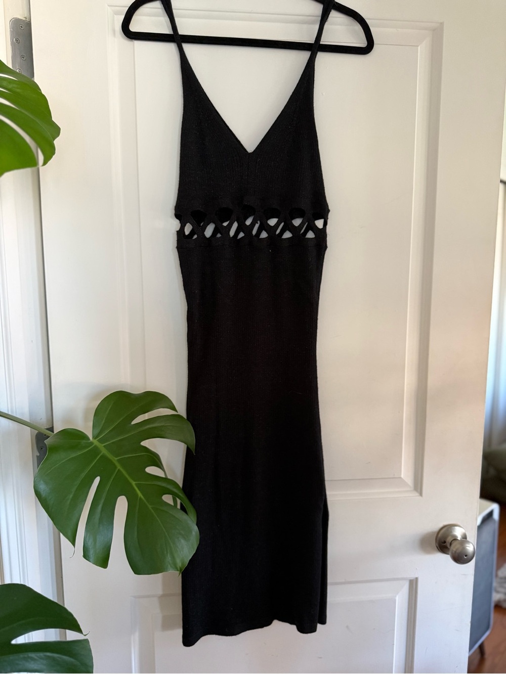Aqua Black Midi Knit Dress with Cutout Waist